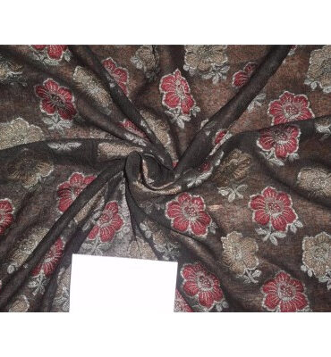 NOIL BROCADE B2#85[1] BLACK COLOR WITH RED AND GOLD FLOWERS